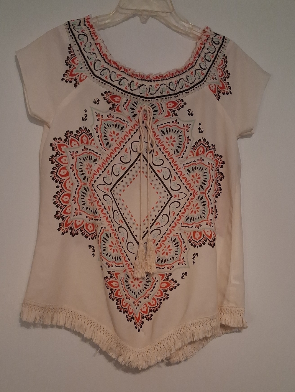 HeartSoul Cream Tunic Top with Coral & Black Embroidery